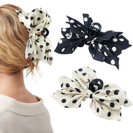 Mesovor 2 Pack Bow Claw Clips Chiffon Cloth Butterfly Hairclips, Nonslip 5.1" Large Paisley Hair clips for Thin and Thick | Plastic Strong Hold Hair Jaw Clamps (Polka Dots)