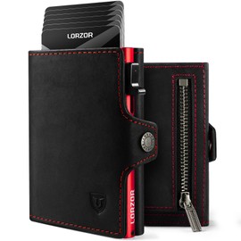 LORZOR Men's Slim Wallet with Coin Compartment, RFID Wallet, Card Holder for 10 Cards, Small Wallet, Wallet, Pop-up Smart Wallet Men, black red, Modern
