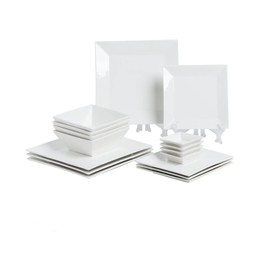 Porlien 16-Piece Classic Square Dinnerware Set for 4-Square Dinner Plates, Dessert Plates, Bowls & Dipping Saucers, Off White Dishes for 4