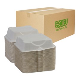 Eco-Products Compostable Vanguard 6" Clamshell Sandwich Containers, Case of 500, To Go Food Burger Box, White Renewable Molded Fiber, Grease Resistant, No-Added PFAS, ASTM Compliant, BPI-Certified