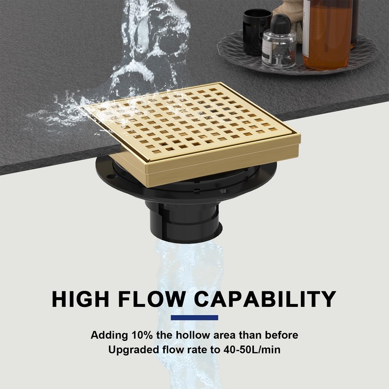 6 Inch Square Shower Drain | Brushed Gold Shower Drain