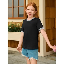Haloumoning Girls Color Block Short Sleeve Shirts Kids Summer Striped Crewneck Tops Casual Tees 5-14 Years Black