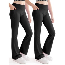 Nutyomi Girls Flare Leggings V Cross High Waisted Yoga Pants Dance Casual Pants Activewear Kids Flared Pants with Pocketss 2 Pack Black 5-6 Years