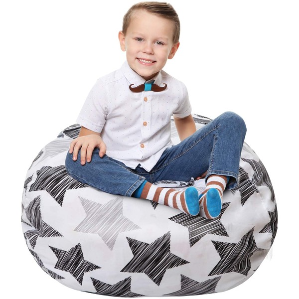 Kids Bean Bag - Cover Only - Stuffed Toy Storage - Round Bean Bags for Kids - 90+ Teddy Plush Toys and Organizer for Boys and Girls - 100% Cotton Linen - Hatch Stars