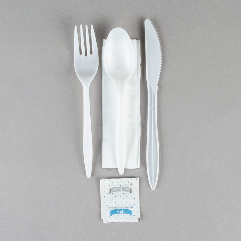 KitchenDine 100 Pack Medium Weight Wrapped white Plastic Cutlery Pack