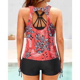 Yonique 3 Piece Womens Tankini Swimsuits with Shorts Athletic Bathing Suits Tank Tops with Bra and Boyshorts Red Floral XL