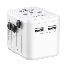 LENCENT Adaptador Enchufe Universal, Enchufe Internacional con 2 Puertos USB, Cargador de Viaje para Europa, Americano, Canadá, Reino Unido, Austuralia, Adaptador Viaje para Más de 200 Países, Blanco