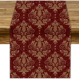 Red Damask Table Runner, Vintage Classic Luxury Dark Red Golden Floral Damask Print Table Runner for Home Kitchen Dining Room Wedding Party Decor, 13x36inch