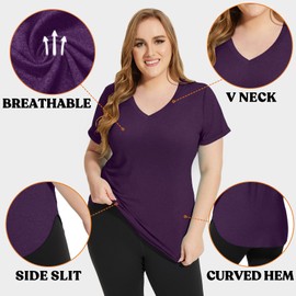 FOREYOND Plus Size Workout Tops for Women T Shirts Loose Fit V Neck Clothing Yoga Casual Summer Deep Purple