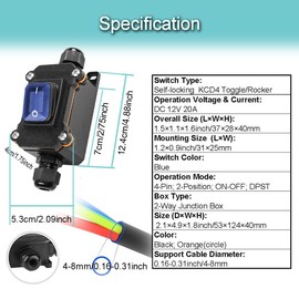 MKBKLLJY Inline Cord Box Waterproof Switch 2-Way Junction Box PG9 Cable Gland IP66 KCD4 Blue LED Light Toggle 4-Pin 2-Position ON-Off Self-Locking DPST AC/DC 20A 125V 16A 250V