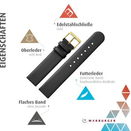 Smooth Leather Watch Strap 18 mm Black with Spring Bars & Tool – Watch/Wrist Watch Replacement Band With Loop – MARBURGER Since 1945 Watch Straps Black/Gold