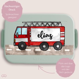 Children's Bento Box Midi Lunch Box for Mepal Bento Box - Fire Engine Fire Brigade Fireman - 900 ml - Sage Green - Nursery Lunch Box Boys Youth Fire Brigade Lunch Box Compartments