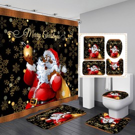 Peryiter Christmas Black Santa Claus Shower Curtain Sets with Non Slip Rugs Toilet Lid Cover Bath Mat and 12 Hooks Christmas Bathroom Decor Xmas Snowflake Shower Curtain for Bathroom