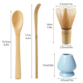 Matcha Tea Set with Whisk and Spoon, Matcha Whisk Kit with Ceramic Whisk Holder Scoop Matcha Ceremony Accessory Set Matcha Gift Set(Blue)