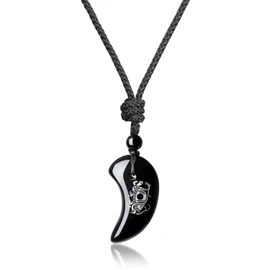 COAI Silver Carved Onyx Household Amulet Evil Protection Magatama Amulet Pendant/Necklace, Adjustable Length, Men's, Women's, onyx, Onyx