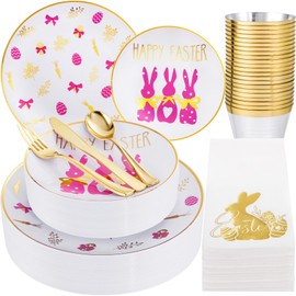 Hioasis 175pcs Easter Plastic Plates, Bunny Plastic Plates Disposable Include 25 Dinner Plates, 25 Dessert Plates, 25 Forks, 25 Knives, 25 Spoons, 25 Napkins，25 Cups Perfect for Easter Party