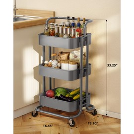 Pipishell 3 Tier Mesh Utility Cart, Rolling Metal Organization Cart with Handle and Lockable Wheels, Multifunctional Storage Shelves for Kitchen Living Room Office Grey