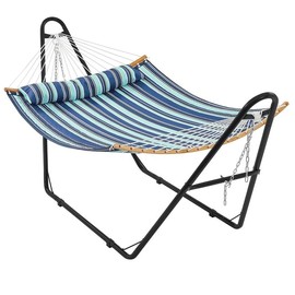 Yaheetech 【2-3 People, Double Stand】Yaheetech Heavy-Duty 55in Hammock with Steel Stand, Padded Hammock for Outdoor Balconies/Porches/Patios/Decks/Backyards, 475LB Capacity - Color: Blue Stripe