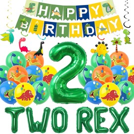 Dinosaur 2nd Birthday Decorations for Boys - Green Two Rex and Number Foil Balloons, Dino Happy Birthday Banner Dinasour Themed Hanging Swirls Decor for Kids 2 Years Old Jungle Party Supplies