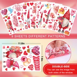 Whaline 9 Sheets Valentine's Day Window Clings Pink Love Gnomes Heart Tree Prints Window Decals Watercolor Double-Sided Window Decor for Valentines Day Home School Office Decoration Party Supplies