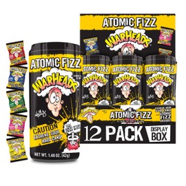 WARHEADS Atomic Fizz - Extreme Sour Fizzing Hard Candy - Sour Apple, Black Cherry, Blue Raspberry, Lemon & Watermelon Flavors - 1.48 oz Canisters - 12 Pack Display Box