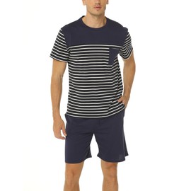 Reliwel Mens Pyjamas Set Cotton Sleepwear Striped T-Shirt and Sleep Shorts with Pockets Nightwear Pjs Loungewear Navy Blue XL