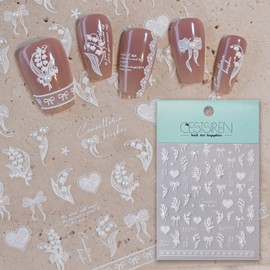CESTSIREN White Floral Bow Nail Stickers, Pearl 5D Embossed Decals for Art Design, Self-Adhesive Accessories for Women, Supplies