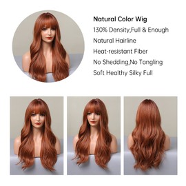 EMMOR Orange Brown Long Wigs for Women, Natural Wavy wig with Bangs Heat Resistant Fiber Synthetic Wigs for Daily Party（Strawberry blonde）