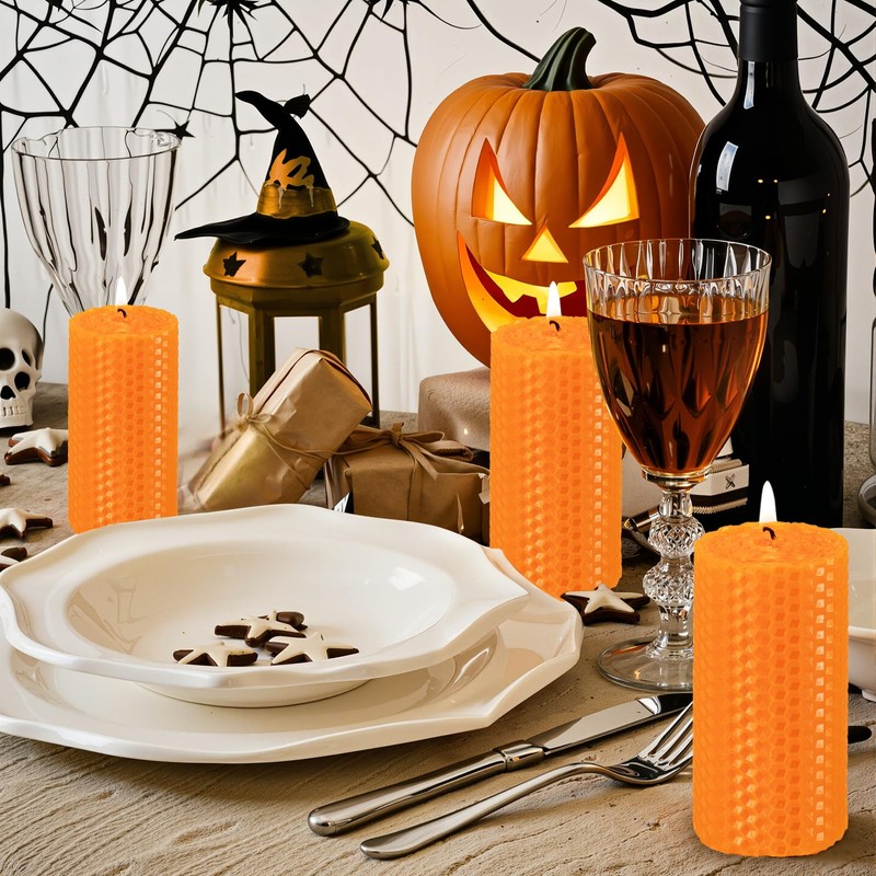 KONNI Beeswax Orange Pillar Candles Set of 3, 2"x 4"