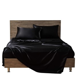 MR&HM Satin Bed Sheets, Twin Size Sheets Set, 3 Pcs Silky Bedding Set with 15 Inches Deep Pocket for Mattress (Twin, Black)