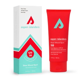aspen islanders Reef Safe Sheer Mineral Sport Sunscreen Lotion SFP 50, No White Cast Zinc | Face & Body | Anti-Aging | Non-Toxic | Water-Resistant | Eco-Friendly | Anti-Irritating (3.4 fl oz)
