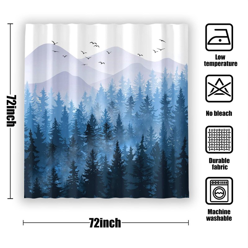 Accnicc Blue Misty Forest Shower Curtain Set Ombre Navy Blue