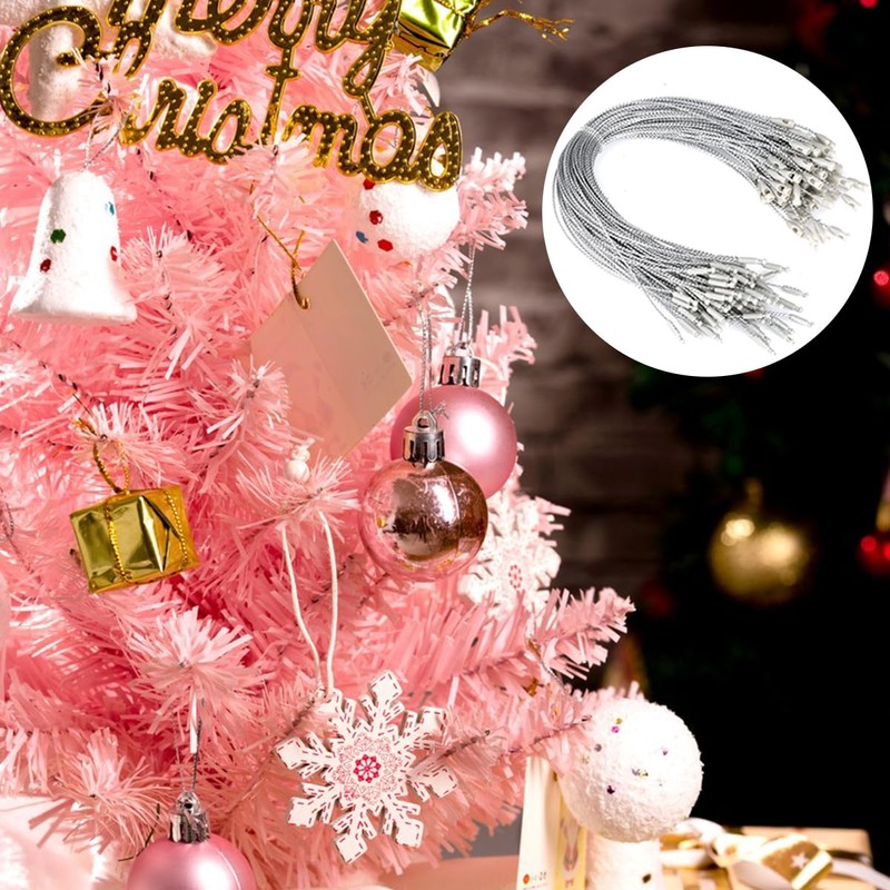 100Pcs Christmas Tree Ornament Hanger String Silver Ribbon with Snap