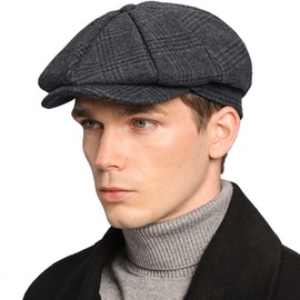 Mens Newsboy Cap High Woolen Tweed Gatsby Hat Ivy Cabbie Flat Golf Cap for Fathers Women Unisex, Plaid-dark Grey, 7-7 1/8