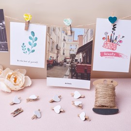 Pandahall 100pcs White Heart Clothespins Wooden Photo Paper Peg Pin Graft Clips with 10.9 Yards Natural Jute Twine for Paper Photo Display Hanging Home Party Decoration