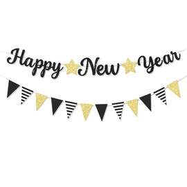 FHGG Glitter Happy New Year 2026 Banner Decorations Eve Banner New Years Eve Party Supplies Sign for NYE Party Supplies Decorations Black