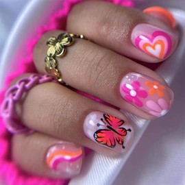 FOXIIU Press on Nails Square Short Glossy Full Cover Artificial Short Fake Nails with Butterfly Floral Designs Acrylic Short Coffin Spring False Nails with Glue Stick on Fingernails for Women Girls