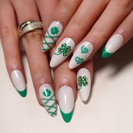 24Pcs St Patricks Day Press On Nails, French Tip Press On Nails Almond Medium White Fake Nails with Green Four Leaf Clover & Rhinestone Heart Design, Artificial Nails Stick On Nails for Women