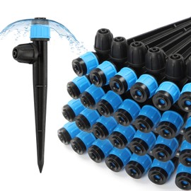 Copadri 50pcs Drip Emitters Fan Shape with Stake for 1/4" Irrigation Tubing, Adjustable 360 Degree Water Flow Irrigation Vortex Sprayer On 5" Stake Garden Irrigation Dripper for Watering System