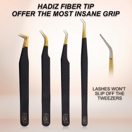 HADIZ Set of 4 Fiber Tip Diamond Grip Eyelash Extensions Tweezers Japanese Stainless Steel Lash Tweezer(Black)