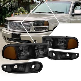PM PERFORMOTOR [4Pcs-Set] Headlights Assembly+Signal Lamps Compatible with 01-07 GMC Sierra/Yukon Denali,Smoked Lens/Amber Corner