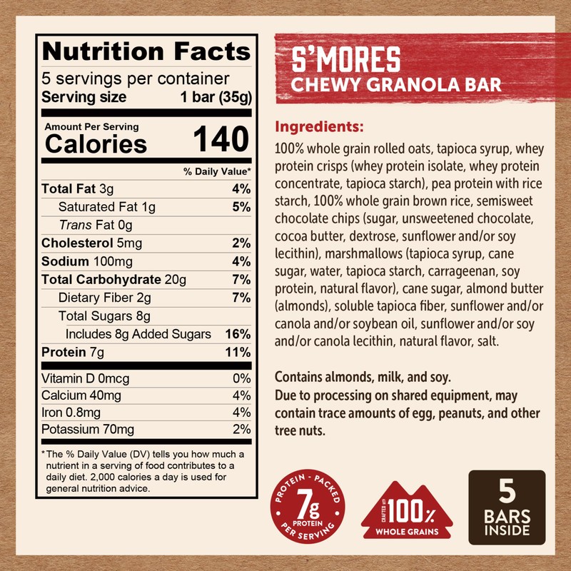 Kodiak Cakes Protein Chewy Granola Bar, S'mores, (Pack of 4