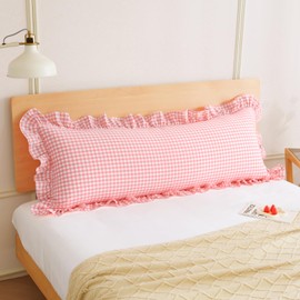 Plaid Body Pillow Cover with Ruffles, 20 x 54 inches, Cotton, Coral Pink and White