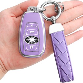 Yonmcfn for Subaru Key fob Cover with Leather Keychain,Soft TPU 4 Buttons Key Shell,fit BRZ Legacy Outback Ascent Crosstrek Forester WRX Remote car Key(Purple)