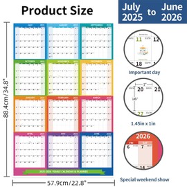 2025-2026 Wall Calendar 34.8" x 22.8" Large Vertical Yearly Wall Hanging Calenda with Julian Date from July 2025 to June 2026 Thick Paper Calendar 12 Month Annual Planner for Office Fridge(Colorful)