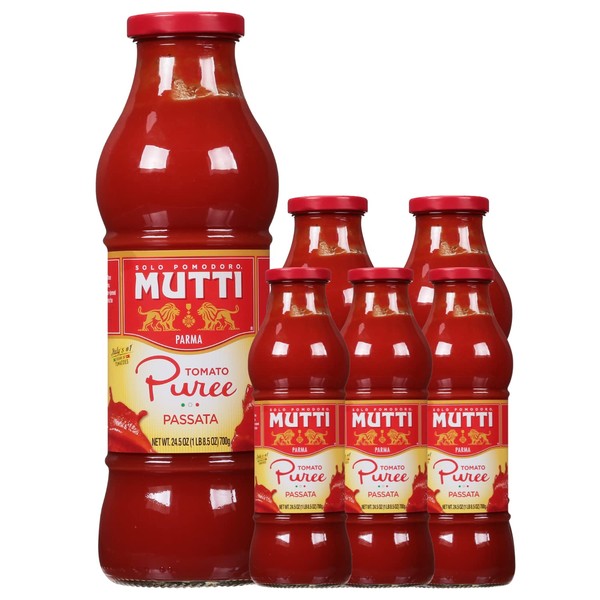Mutti Tomato Puree (Passata), 24.5 oz. | 6 Pack | Italy’s #1 Brand of Tomatoes | Fresh Taste for Cooking | Canned Tomatoes | Vegan Friendly & Gluten Free | No Additives or Preservatives