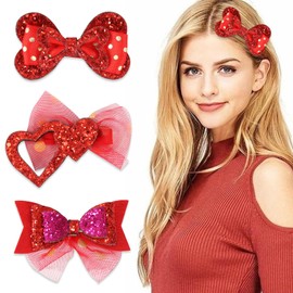 Heart Hair Clips Bows Red Glitter Sequin Gauze Hairpins Women Valentine's Day Birthday Wedding Party Hair Accessories 3 Pcs