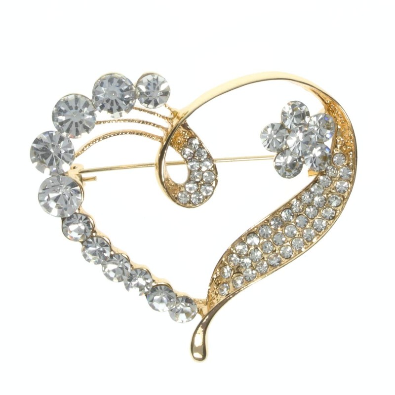 Crystal Diamante Heart Brooch Love Bridal Wedding Pin Jewellery (Silver)