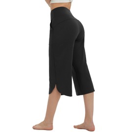 BALEAF Capri Pants for Women Yoga Capris High Waist Leggings with Pockets Loose Crop Workout Pants Straight Leg Casual Summer Black XL