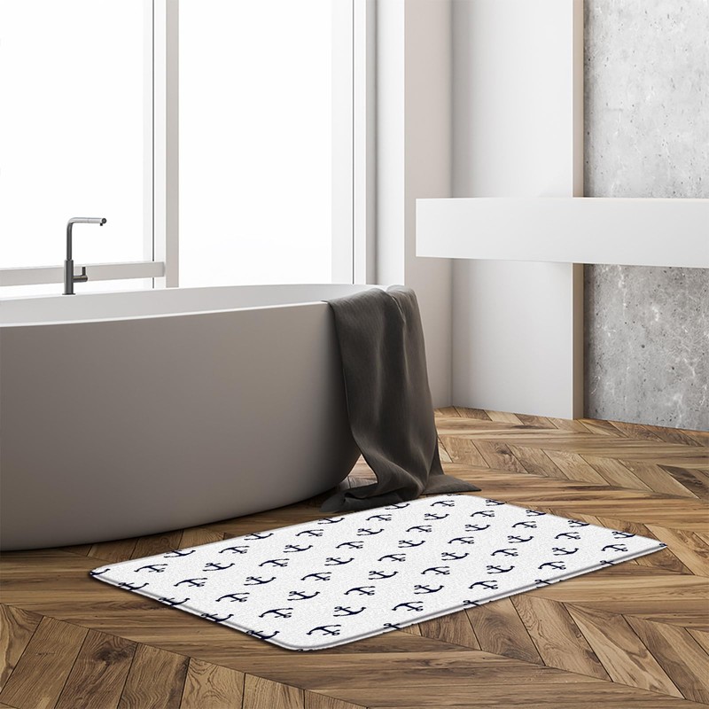 Nautical Anchor Bath Mat,Navy Blue White Anchor Ocean Bathroom Kitchen